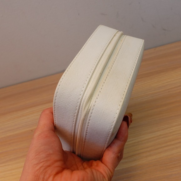 Travel Jewelry Case S White Vanity Mirror Box Organizer Faux Saffiano Leather - Picture 9 of 11